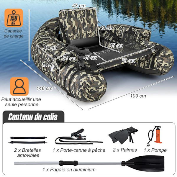 COSTWAY oppustelig fiskebåd - Fiskelineal - Finner - Stangholder - Opbevaringslomme - Pagaj - Pumpe - Taskestropper - Camouflage