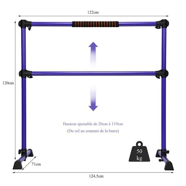 COSTWAY dubbel balettstång justerbar höjd 20-119 cm med svamp roterande basbelastning 50 kg för gym/drag lila