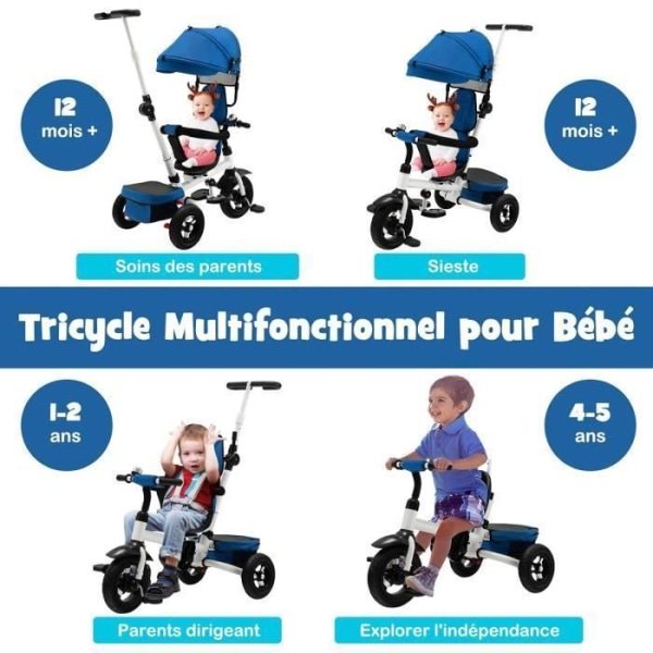 COSTWAY 4 i 1 justerbar trehjuling baby 1-5 år, hopfällbar barnbalanscykel, vändbar sits, korg, justerbart handtag, blå