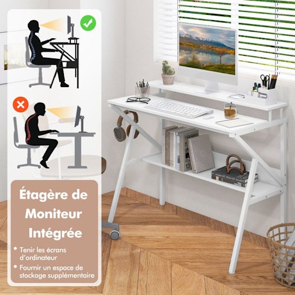 COSTWAY Lille Kompakt Skrivebord med Monitorstøtte - Hængende Krog - Opbevaringshylde til Arbejde, Studie 100 x 48 x 81,5cm