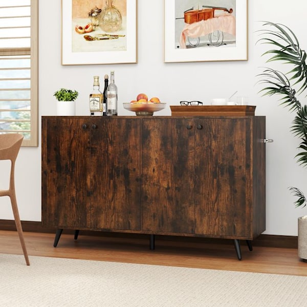 COSTWAY Keittiöbuffet Kommode Säilytyskaluste, jossa 4 Ovea, 2 Säädettävää Hyllyä Keittiöön, Olohuoneeseen 127,5x38x80cm Ruskea