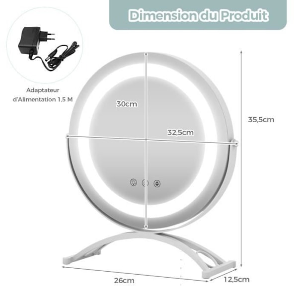 COSTWAY rundt makeupspejl 30CM - Justerbart LED-lys, berøringsskærm, 360° rotation, hukommelsesfunktion, metalstativ