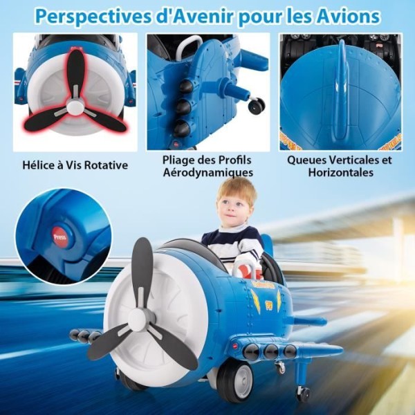 COSTWAY Elektrisk flygplansbil för barn med styrspakar, 2,4G-fjärrkontroll, hopfällbara vingar och propeller, drivbar, 3+, blå