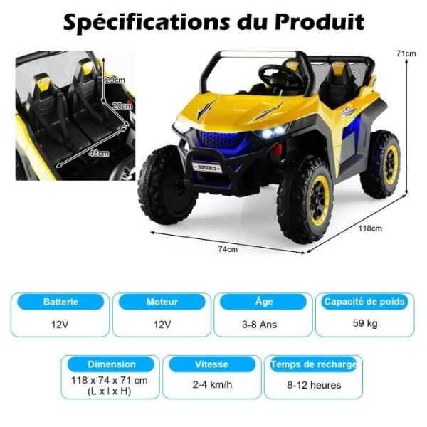 COSTWAY Elbil för barn 12V/7Ah, 2-4 km/h, 2 säten, 2,4G-fjärrkontroll för 3-8 år, MP3, USB, Radio, Lysande, Gult horn Gul