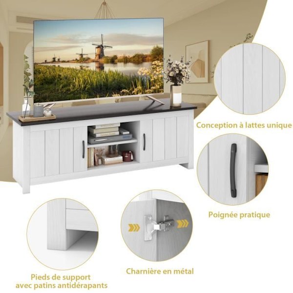 COSTWAY 60" tv-stativ med 4 rum 2 døre 2 kabelstyringshuller, til stue, soveværelse, 145 x 39,5 x 49,5 cm, brun