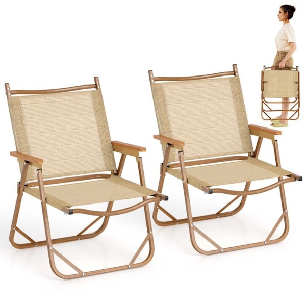 COSTWAY Sæt af 2 Sammenklappelige Havestole med Armlæn, Aluminiumsramme, Kapacitet 180 kg, Let og Bærbar til Camping Strand Beige