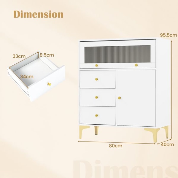 COSTWAY Kommode med Snoet Glasdør og 3 Skuffer, til Soveværelse, Stue, 80x40x95,5 cm, Hvid Vit