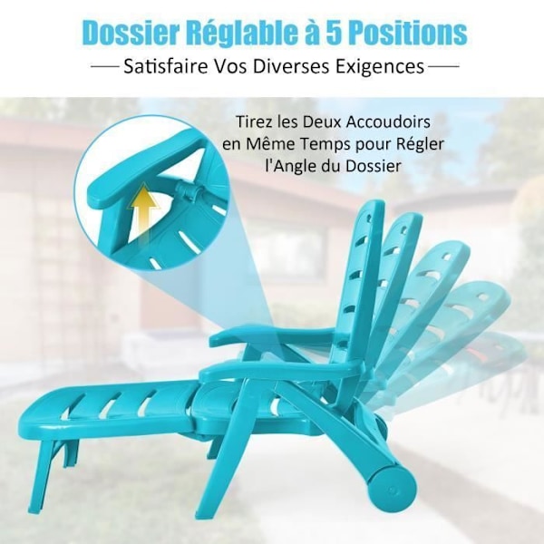 COSTWAY foldbar liggestol 5-positions tilbagelænet ryglæn med integrerede hjul, til terrasse, have, swimmingpool, 150 kg, turkis