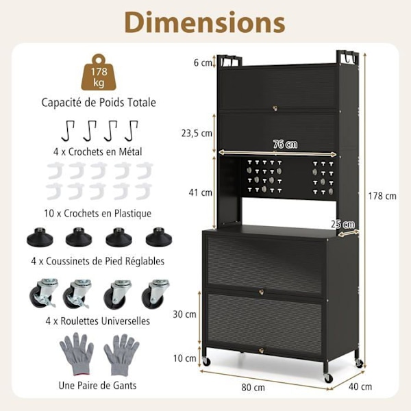 COSTWAY Pyörällinen Keittiöbuffet 6 Tasolla, Mikroaaltouunin Työtaso, Kaksiovellinen, Koukut, Säädettävät Jalustat, Musta Svart