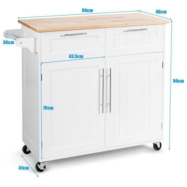 COSTWAY-keittiövaunu/pyörillä oleva vaunu - 94x45x94,5 CM - 2 laatikkoa - 2 ovea - Pyyhehylly - Keittiösaareke - Valkoinen