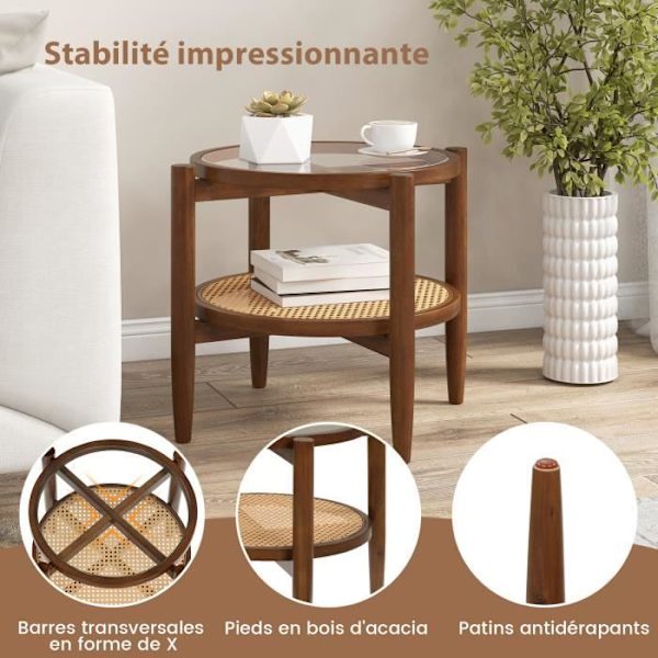 COSTWAY Rektangulære Bord i 2 Niveaux i PE-Rattan med Tempereret Glasplade og Akacietræsfødder, 56 x 56 x 46 cm, Brun