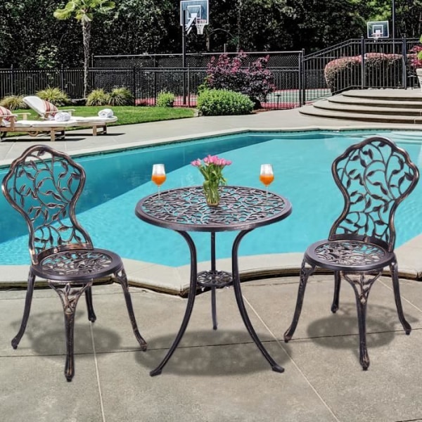 COSTWAY Trädgårdsbord och 2 stolar i aluminium Set i gjuten brons och svart Antik trädgårdsbistroset