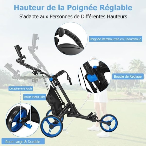 COSTWAY Foldbar golfvogn med 5 hjul, elastisk strop, justerbar paraplyholder og kopholder Aluminiumscoated taske Blå