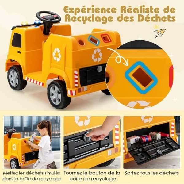COSTWAY 12V elektrisk sopbil för barn 3-8 år, 6 återvinningstillbehör, lampor, musik, gul