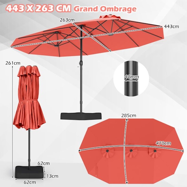 Parasol Double de Jardin 470x285cm Rectangulaire - COSTWAY - Perustoimitus ja 2 Hiekka-aluetta mukana - 12 Vahvaa Sälettä - Terassi - Oranssi