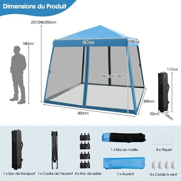 COSTWAY Instant Folding Barnum Gazebo 3x3 m - Mesh sidoväggar - Lutande ben - Hjulförsedd väska - Höjdjusterbar - Blå Vit