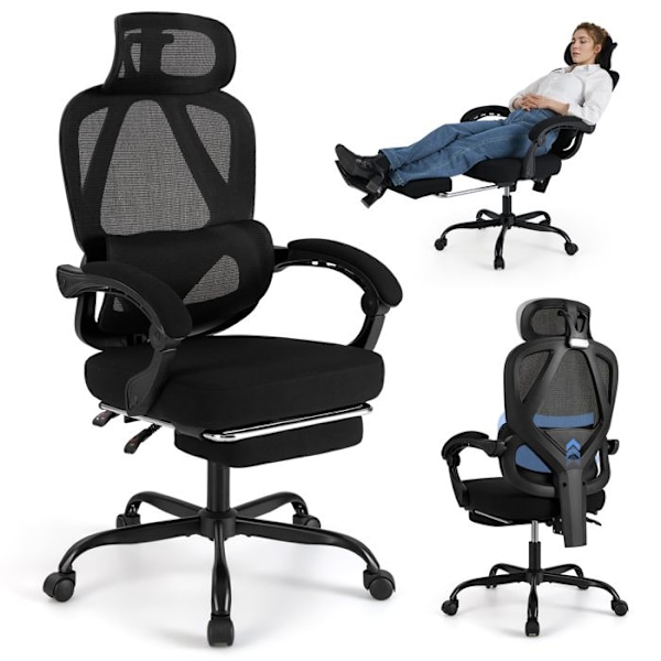 COSTWAY Ergonomisk Kontorstol - Høj Mesh Ryglæn med 135° Tilt, Retractable Fodstøtte, Justerbar Lændestøtte