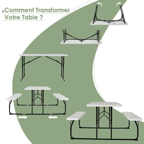 COSTWAY campingbord med 2 hopfällbara bänkar - 4 till 6 personer - för picknick-camping vit