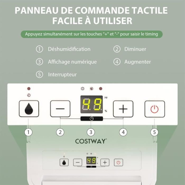 COSTWAY Bærbar Affugter 12L-dages 2,1L Vandtank Rum op til 15 m² Kontinuerlig-tørring-Autotilstande 24H Timer LED-panel