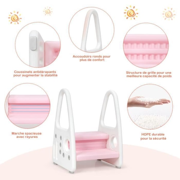 COSTWAY Steppall för barn 2 Anti-Slip-steg-för potträning-Säkerhet Armstöd-Triangulär struktur-Rosa rosa