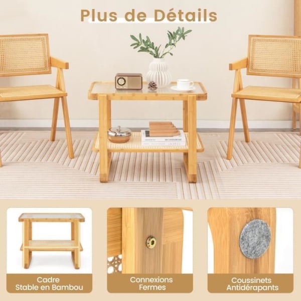 COSTWAY 2-vånings sidobord i bambu, med glasskiva, PE-rottinghylla, 70,5 x 44,5 x 54,5 cm, naturligt, för vardagsrummet