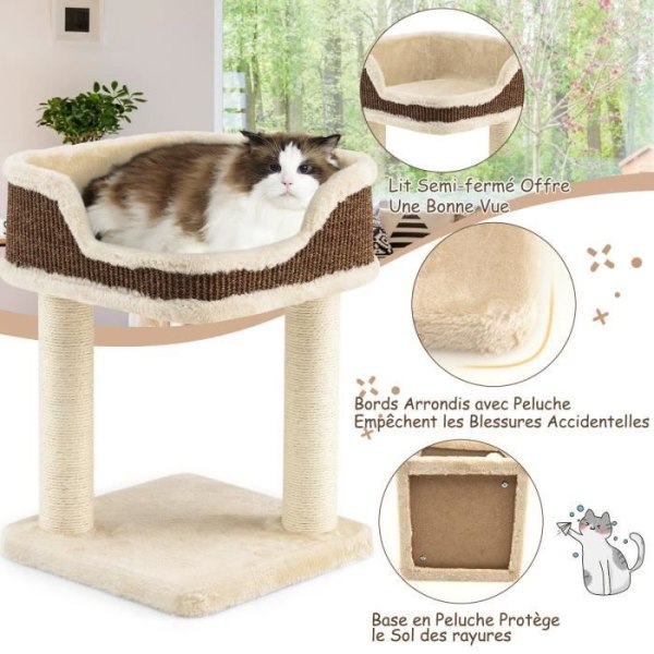 COSTWAY 50 cm kattträd med 2 naturliga sisalskrapstolpar, plyschabborre, kompakt kattträdstorn för kattunge/katt, beige