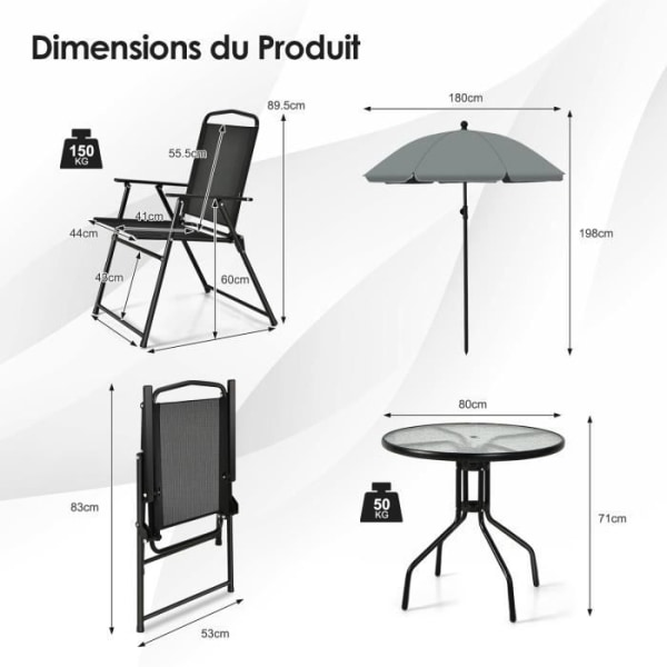 COSTWAY 6 st Trädgårdsmöbelset, 4 hopfällbara stolar Glassoffbord och paraply, för uteplats, pool, trädgård, svart