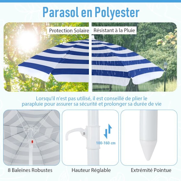 COSTWAY Picknickbord med 4 Bänkar för 8 Barn - Justerbar och Fällbar Parasol - Metallram 125 × 125 × 100-160cm Blå