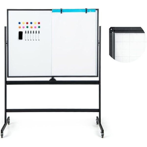 COSTWAY Magnetisk tavle 120 x 90 cm Dobbeltsidet vendbar tørsletning 2 justerbar højde 4 mobile hjul Sort