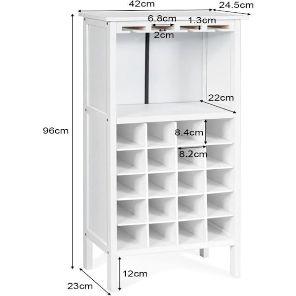 COSTWAY Pine Wine Rack 20 flaskkapacitet och mugghållare, 42x24,5x96 cm för källare, kök, vardagsrum, vit Vit