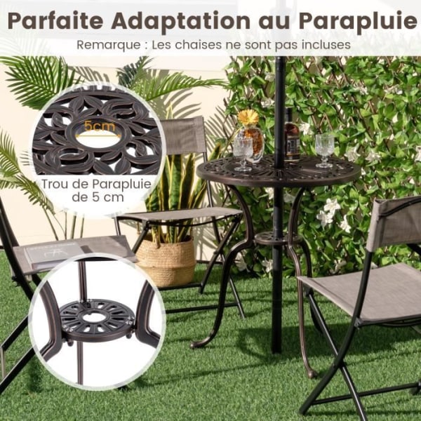 COSTWAY runt trädgårdsbord 61 CM i gjuten aluminium, sidobord med paraplyhål, justerbara fötter Röd koppar