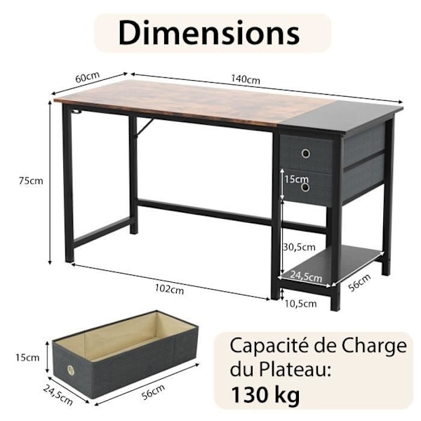 COSTWAY 120 cm computerbord, med 2 skuffer, hængekrog, opbevaringshylde, brun Rustik brun + svart