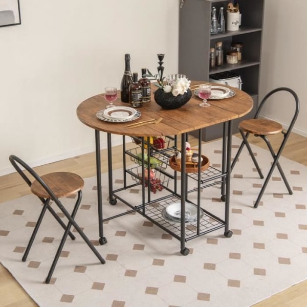 COSTWAY utdragbart matbord, 2 stolar, hopfällbart ovalt bord på hjul med 4 korgar och 2 hyllor Rustikbrun