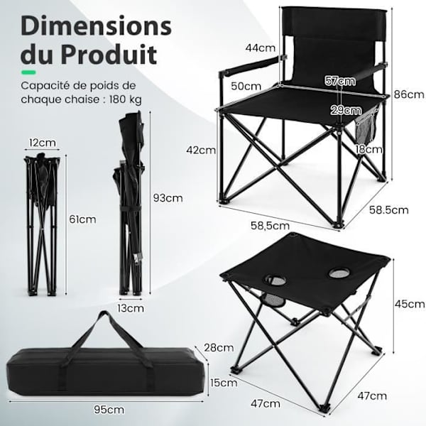 COSTWAY Set med 2 hopfällbara campingstolar - last 180 kg - sidobord, mugghållare, förvaringsfickor - picknickfiske
