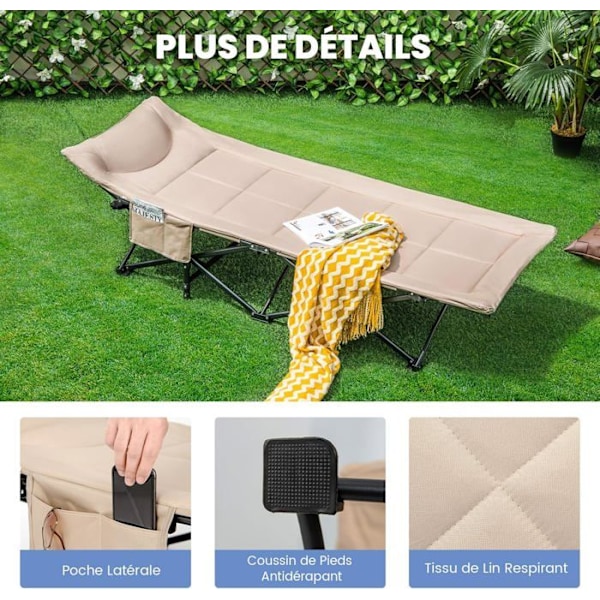 COSTWAY Sammenfoldelige lejrsenge 188 x 68,5 x 48,5 cm med bæretaske, pude og nakkestøtte, 10 støtteben, kaffe