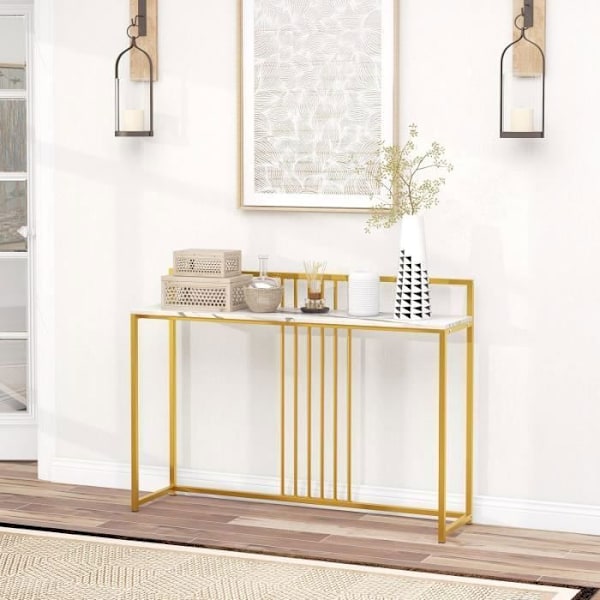 COSTWAY Marble Print -konsolipöytä - 120 x 32,5 x 88 CM - kultainen metallikehys Moderni skandinaaviset eteisen kalusteet Vit + guld