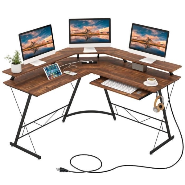 COSTWAY datorhörnskrivbord - bildskärmsställ, eluttag, tangentbordsbricka, hörlurskrok, brun