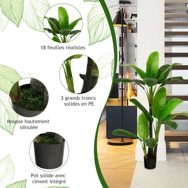 COSTWAY Konstgjord växt i 150 cm plastkruka, cementkruka, 2 mossa med 18 stora blad, för kontor, hem