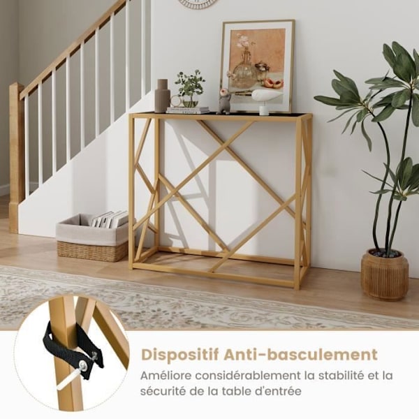 Konsolbord - COSTWAY - Entrémøbler, sort hærdet glasplade, guldmetalstel 80 x 30 x 75 CM, geometrisk design
