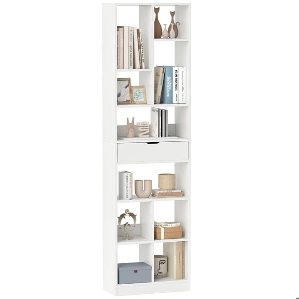 COSTWAY Frittstående Bibliotek 180 cm med Låda, 10 Öppna Fack, Kippingsskydd, för Vardagsrum Sovrum Kontor