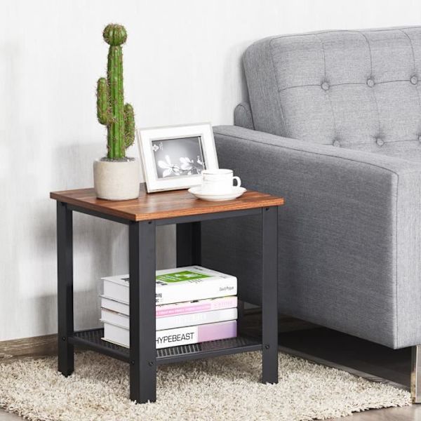 Industriel Natbord Sidetable Sofa Slutbord med 2 Lag i Træ og Sort Jern 40 x 40 x 45,5CM Svart