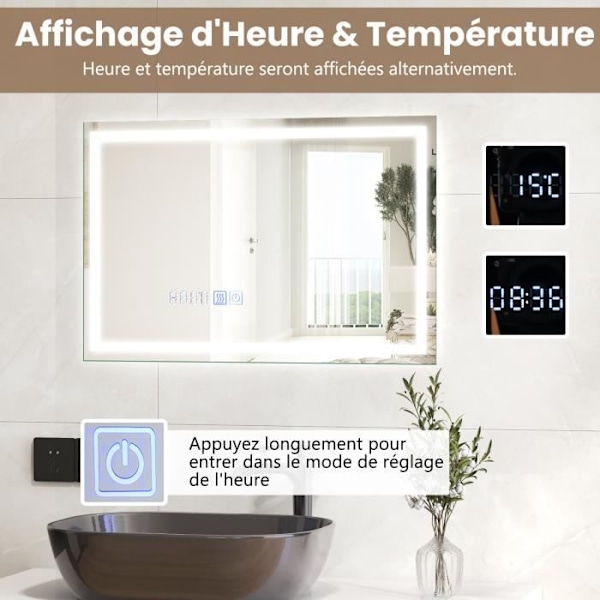 COSTWAY 75 x 50 cm Badeværelsesspejl 3000-6000k, Hukommelsesfunktion, Tid/Temperatur Display, Touch Switch, IP44