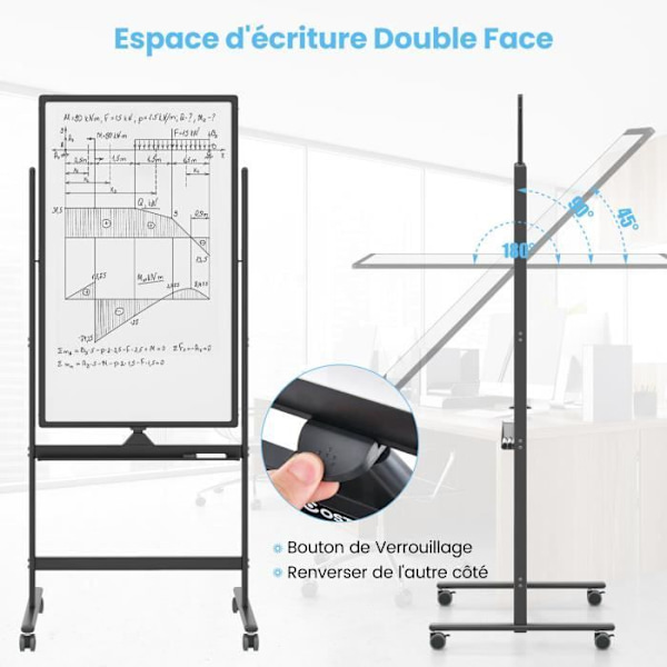 COSTWAY Magnetic Whiteboard 60 x 100 cm Dubbelsidig vändbar torrradering 2 justerbar höjd 4 mobila hjul Svart