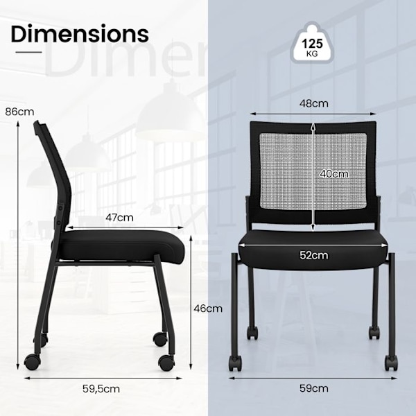 COSTWAY Set med 2 armlösa mötesrumsstolar med hjul, nätrygg, stapelbar, vadderad sits