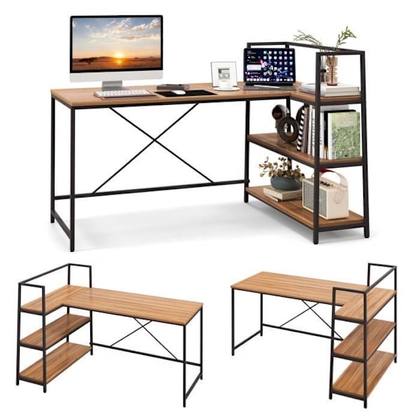 COSTWAY Hjørnecomputerbord 148 x 100 x 90 cm, med åbne opbevaringshylder, Vendbar, Maks. 120 kg, Valnød Valnöt