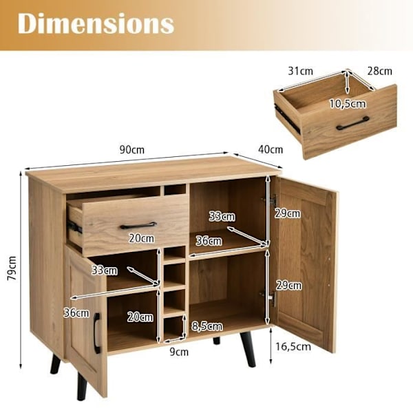 COSTWAY Industrisk Buffet med 6 Flaskestativer, 2 Døres Skab, til Spisestue, Stue, Køkken, 90 x 40 x 79 cm Naturlig