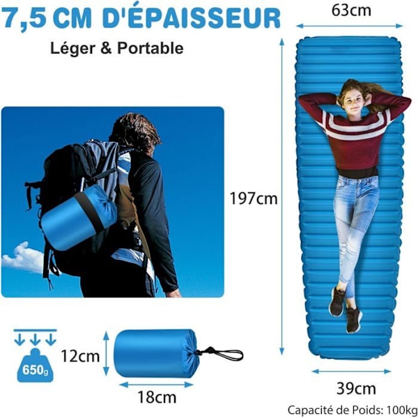 COSTWAY uppblåsbar campingmadrass 197 x 63 x 7 cm, med grön bärväska, vattentätt TPU-material, blå