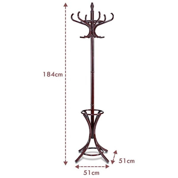 COSTWAY Fristående klädhängare i massivt trä - 12 krokar - Paraplyhållare för förvaring - 51 x 51 x 184 cm - för kappor Hattar - Brun Brun