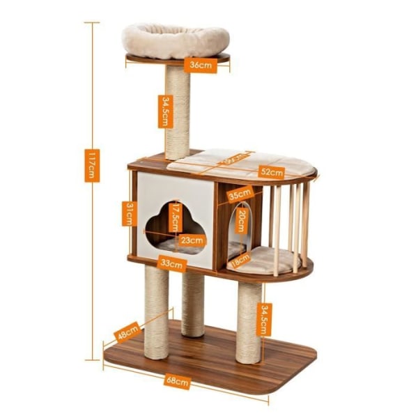 COSTWAY Trä Vesper Design Cat Tree H117cm med skrapplattform och tvättbara kuddar Katt/Kattunge Activity Center