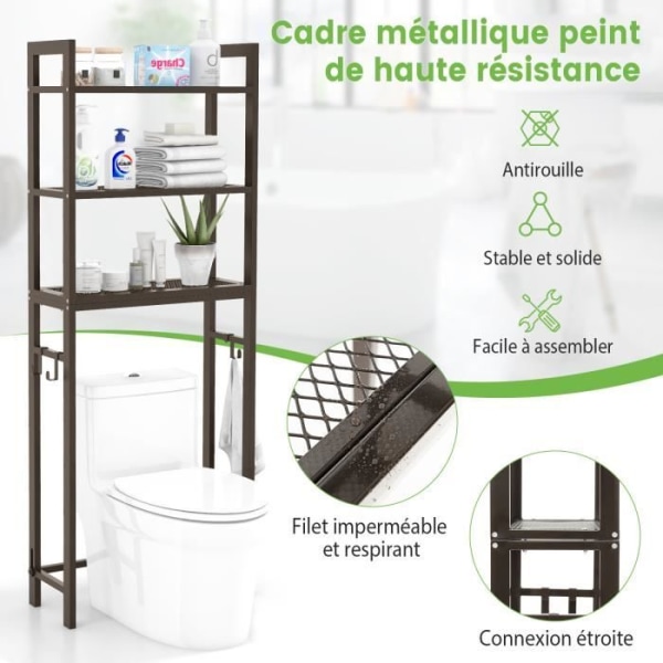 COSTWAY metall över toalettenhet med 3 krokar, 3 hyllor, anti-tilt, 63 x 26,5 x 170 cm, brun kastanj